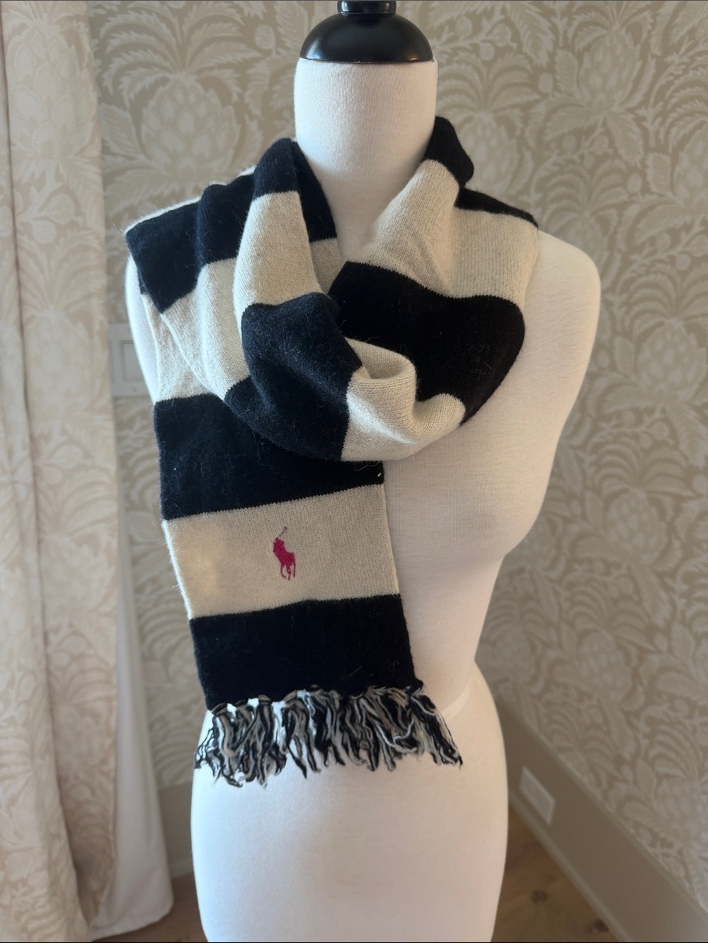 Ralph Lauren Black, Cream & Pink Striped Pony Scarf